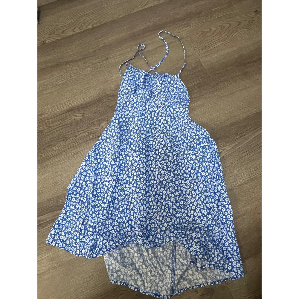 Blue and White Floral Ditsy Print Open Back Mini Dress with Spaghetti Straps